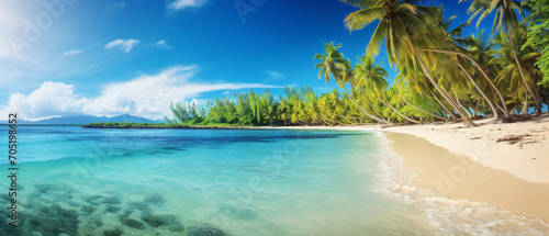 A stunning tropical beach paradise with lush palm trees and crystal clear waters.