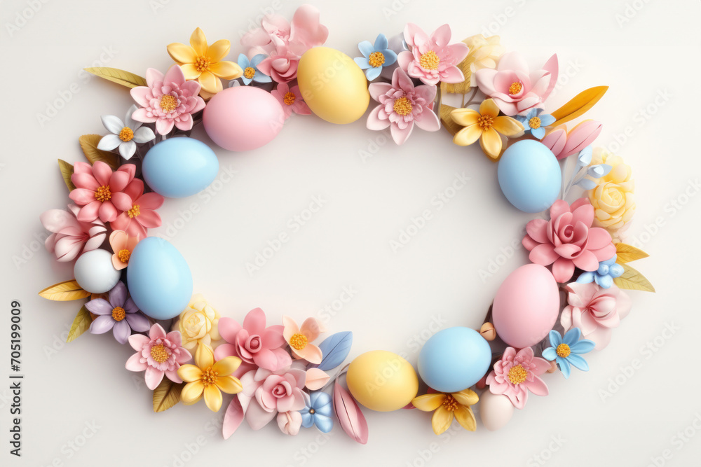 Easter wreath of pastel pink and blue eggs on white background. Religion tradition pattern. View from above. Flat lay style. Happy Easter. Greeting card. Copy space.