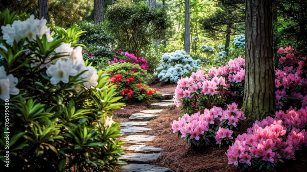 Botanical beauty with vibrant flowers and a stone path in a serene garden. A captivating stock photo capturing the allure of colorful blooms and tranquil landscapes
