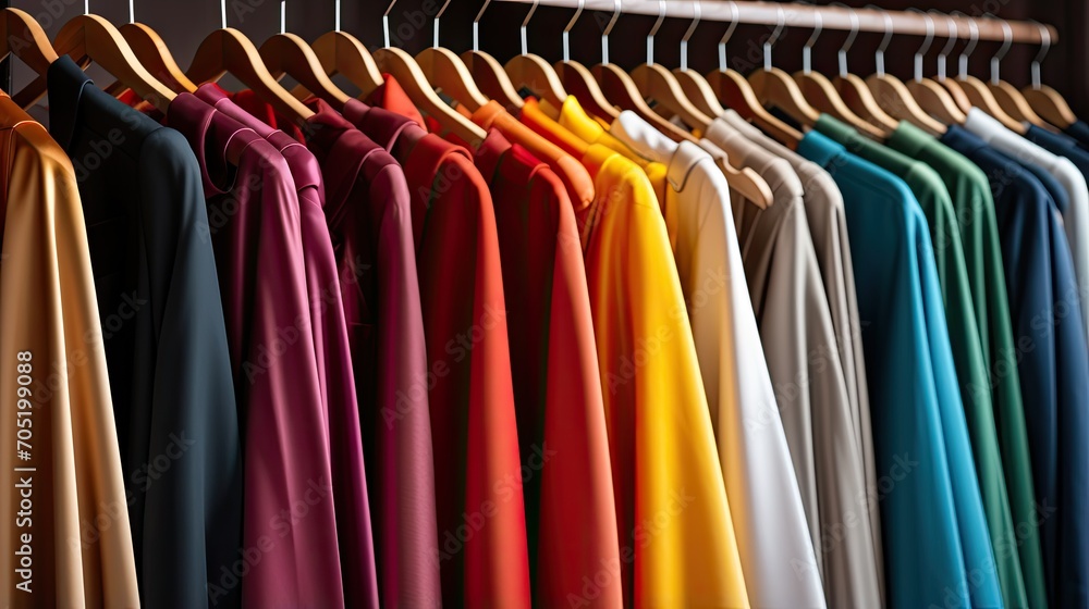 Fototapeta premium Close-up of a rack with wooden hangers on which women's blouses or dresses hang. Assortment in a clothing store. The concept of updating the wardrobe, sales or purchases. Illustration for advertising.