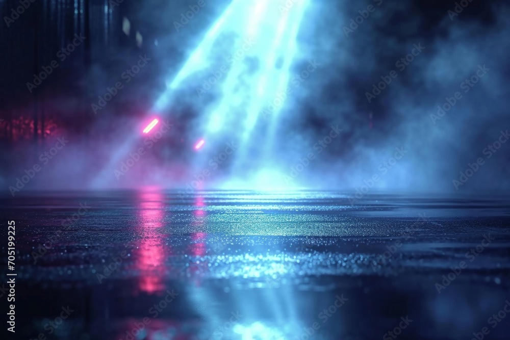 Rain-soaked asphalt reflects city lights and a piercing searchlight, while swirling smoke adds an abstract touch to the dark, empty street. This cinematic atmosphere captures the mystery night