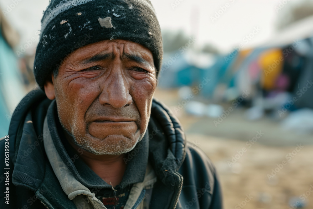 Dramatic portrait of a refugee man. Background with selective focus and copy space Dramatic portrait of a refugee man. Background with selective focus and copy space