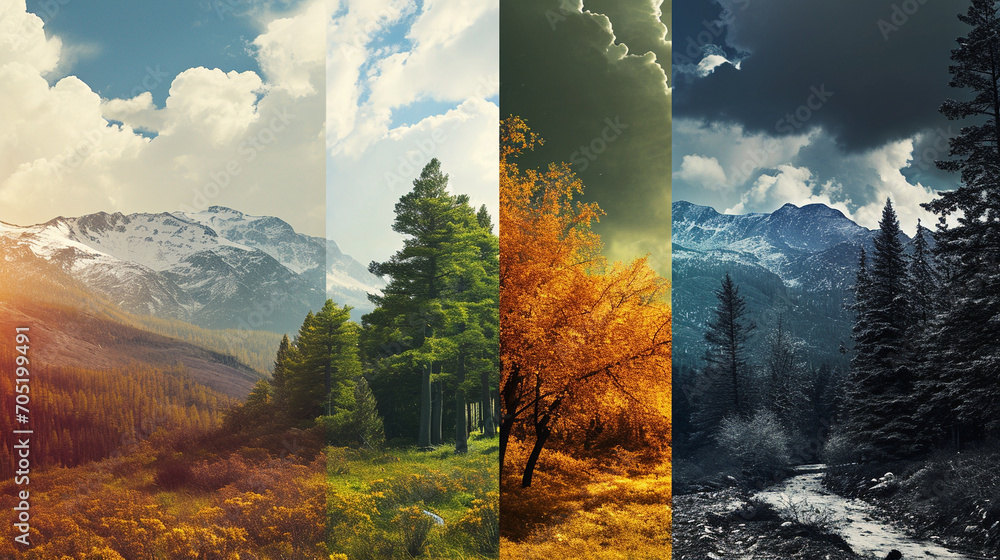 Four Seasons: Document the same landscape across all four seasons. Showcase the changing colors, weather, and moods of the location, providing a comprehensive view of its natural beauty. Generative AI - obrazy, fototapety, plakaty 