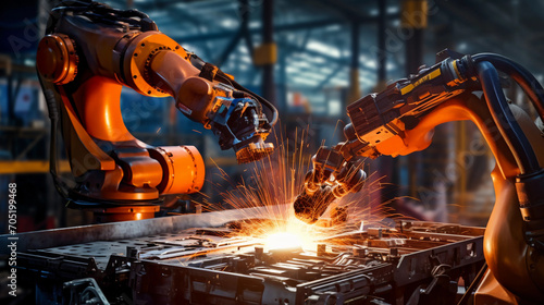 Hand of robot working steel welding building electronic machine in factory 
