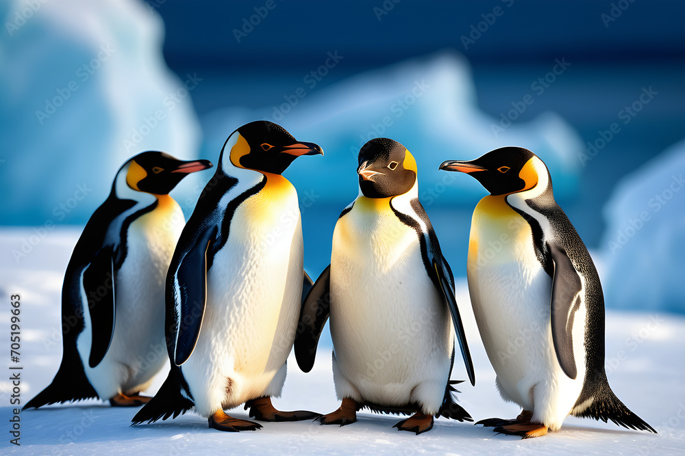 Fototapeta premium A group of fluffy, small penguins huddling together, soft shadows playing across their black and white feathers, icy blue backdrop of a snowy Antarctic landscape. Generative AI