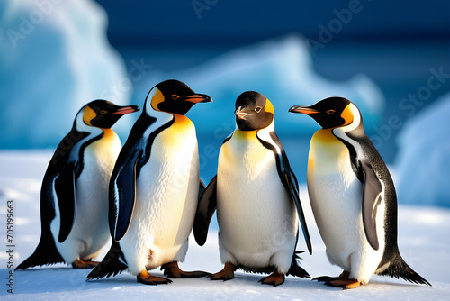 A group of fluffy, small penguins huddling together, soft shadows playing across their black and white feathers, icy blue backdrop of a snowy Antarctic landscape. Generative AI