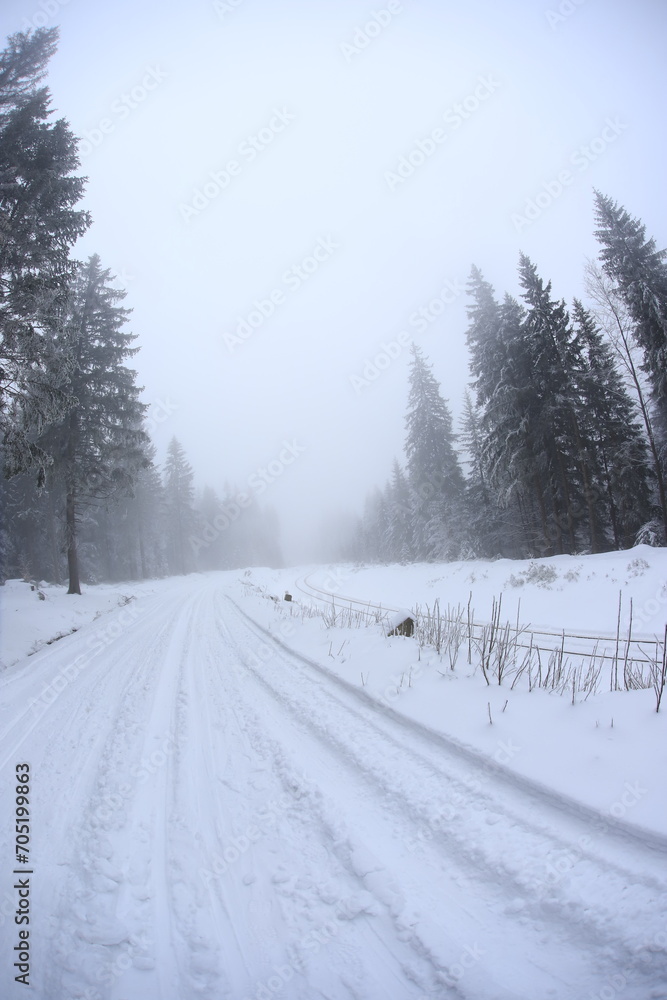 Fototapeta premium Snowy road in Sudety mountains, Poland