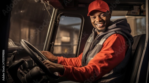 dynamic world of logistics-container movement by a happy truck driver in a bustling warehouse. Emphasize the readiness of a black man in transporting ecommerce goods