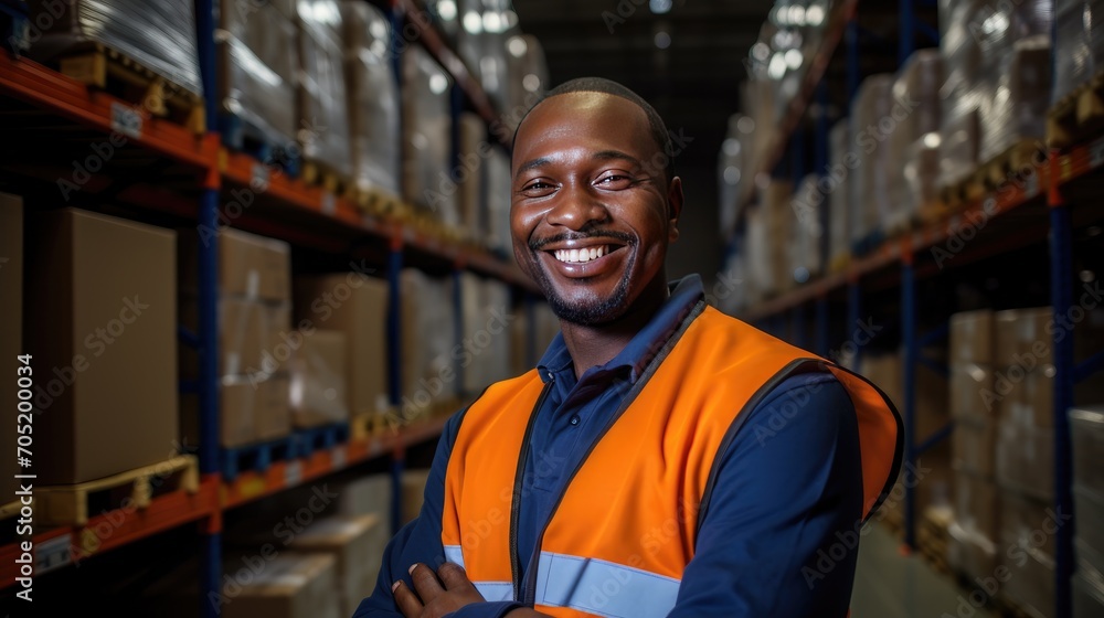 dynamic world of logistics-container movement by a happy truck driver in a bustling warehouse. Emphasize the readiness of a black man in transporting ecommerce goods dynamic world of logistics-container movement by a happy truck driver in a bustling warehouse. Emphasize the readiness of a black man in transporting ecommerce goods