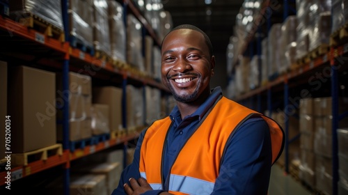 dynamic world of logistics-container movement by a happy truck driver in a bustling warehouse. Emphasize the readiness of a black man in transporting ecommerce goods