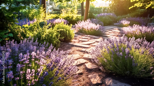 Lavender bushes in the garden, bathed in the evening sun with a house in the background. A serene stock photo capturing the essence of tranquil landscapes