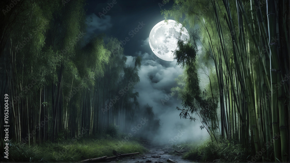 Naklejka premium bamboo forest with the moon in the sky