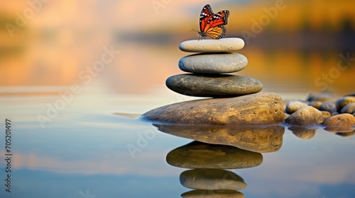 surrealist butterfly on a pebble stone stack in a garden  embodying the harmony of life. Metaphorically express the calm and balance of living by nature while integrating technology