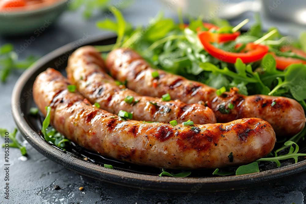 Close up shot of a homemade grilled mini sausages with green salads on the side, on the light background Close up shot of a homemade grilled mini sausages with green salads on the side, on the light background