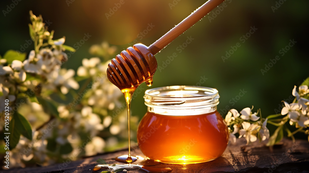 Honey flows from a spoon into a jar nature background Honey flows from a spoon into a jar nature background