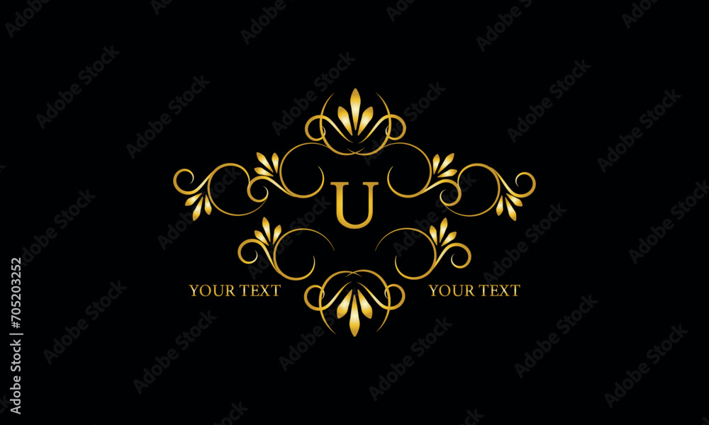 Luxury gold initial letter U monogram with frame ornament for boutique, beauty spa, hotel, resort, restaurant, jewelry, cosmetic logo design, wedding.