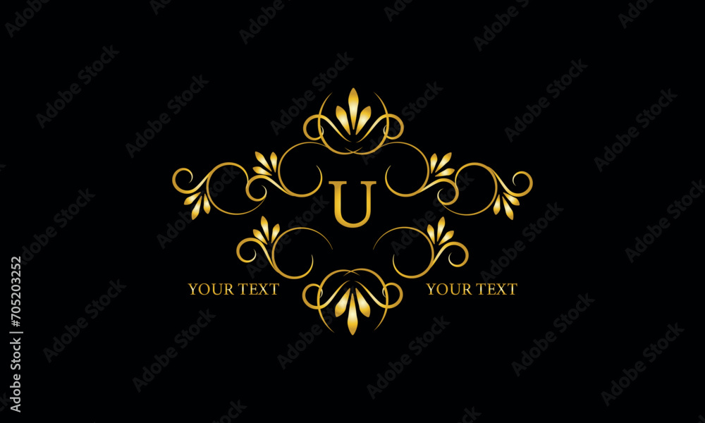 Luxury gold initial letter U monogram with frame ornament for boutique, beauty spa, hotel, resort, restaurant, jewelry, cosmetic logo design, wedding. Luxury gold initial letter U monogram with frame ornament for boutique, beauty spa, hotel, resort, restaurant, jewelry, cosmetic logo design, wedding.