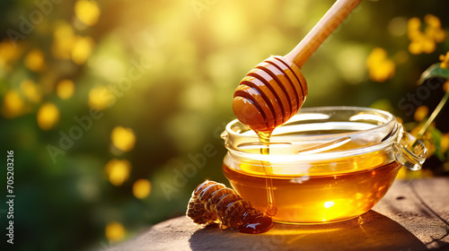 Honey flows from a spoon into a jar nature background