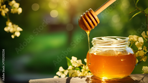 Honey flows from a spoon into a jar nature background