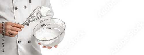 Chef cooking meringue. Whipped egg whites on mixer whisk. bowl of beaten eggs whites isolated on white, Baking concept, Long banner format. top view