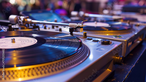 Platinum turntables in the DJ's booth