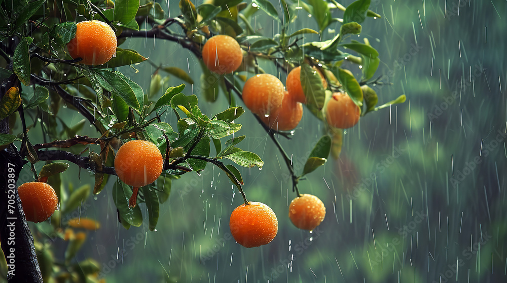 Tangerine tree, in a gentle afternoon rain