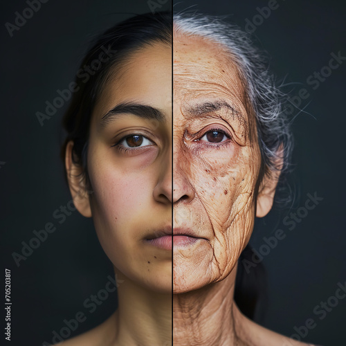 Split-screen photo, A woman face divided into two halves. On the left side, the face is that of a young adult woman with dark hair and a clean shave. On the right side, the same woman appears aged