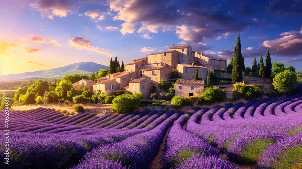 blossoming lavender fields, rows, and Provencal houses—an iconic view in summer