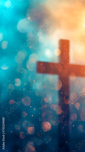 blurred, silhouetted cross amidst a soft, ethereal backdrop with a bokeh effect, evoking themes of faith, spirituality, and the divine