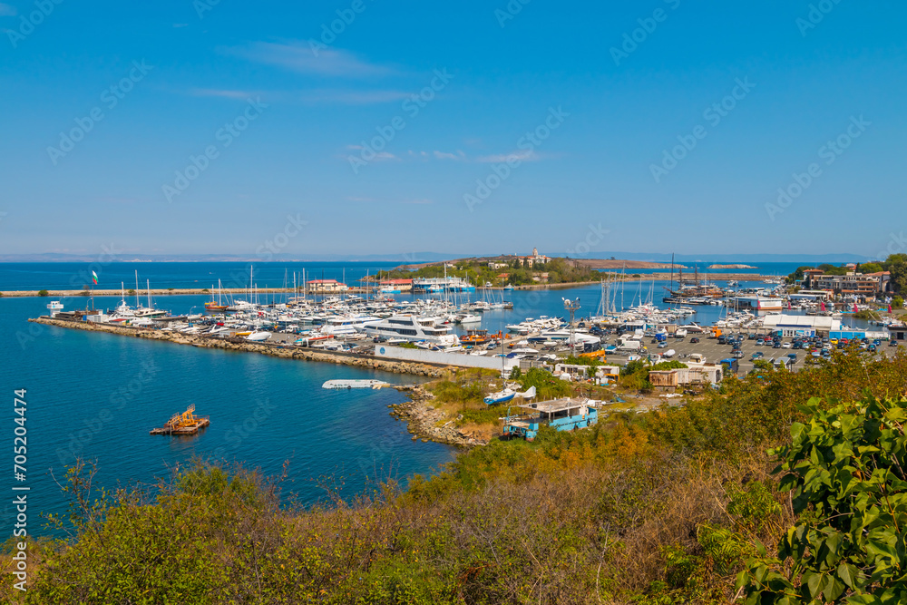 Sozopol, Bulgaria. A view of the seaside port with yachts and fishing boats. Vacation time.