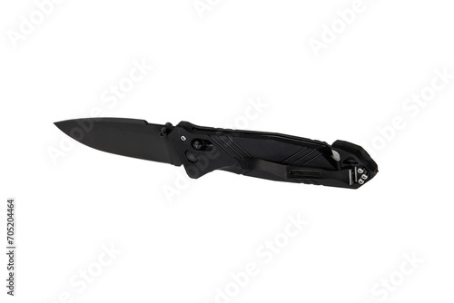 Pocket modern folding knife. Pocket knife with corkscrew and sling cutter. Isolate on a white back