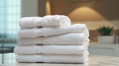 stack of white towels on a table, creating a spa-like atmosphere.
