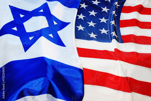 USA Israel. Photo American flag and Flag of Israel - partnership between the two states through the main symbols of these countries