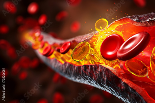 Fat and cholesterol in human blood vein cell create with AI Generative photo