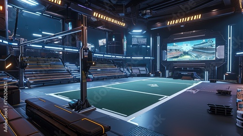 an empty futuristic cyberpunk rugby court with a viewing frame surrounded by an audience bench