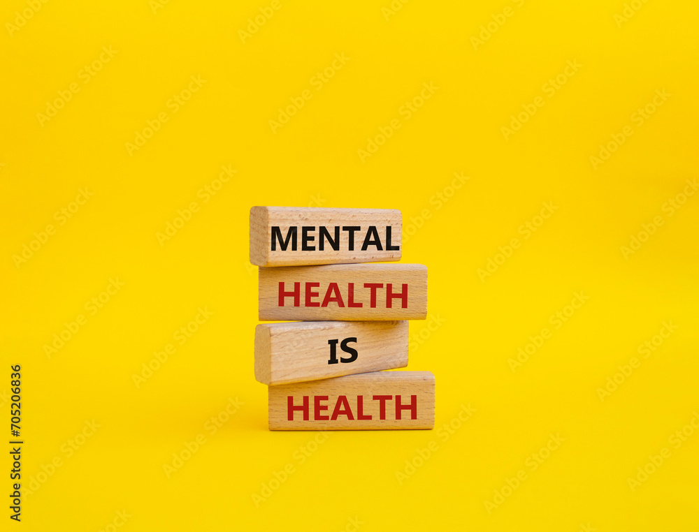 Mental Health symbol. Wooden blocks with words Mental Health is Health. Beautiful yellow background. Medical and Health concept. Copy space. Mental Health symbol. Wooden blocks with words Mental Health is Health. Beautiful yellow background. Medical and Health concept. Copy space.