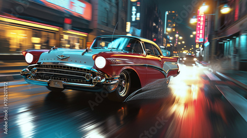 The Getaway Car: Feature a vintage car as the getaway vehicle in a heist or escape scenario. Experiment with motion blur to convey speed and urgency.  Generative AI photo
