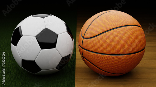 A black and white soccer ball on the soccer field and an orange basketball ball on the basketball court.