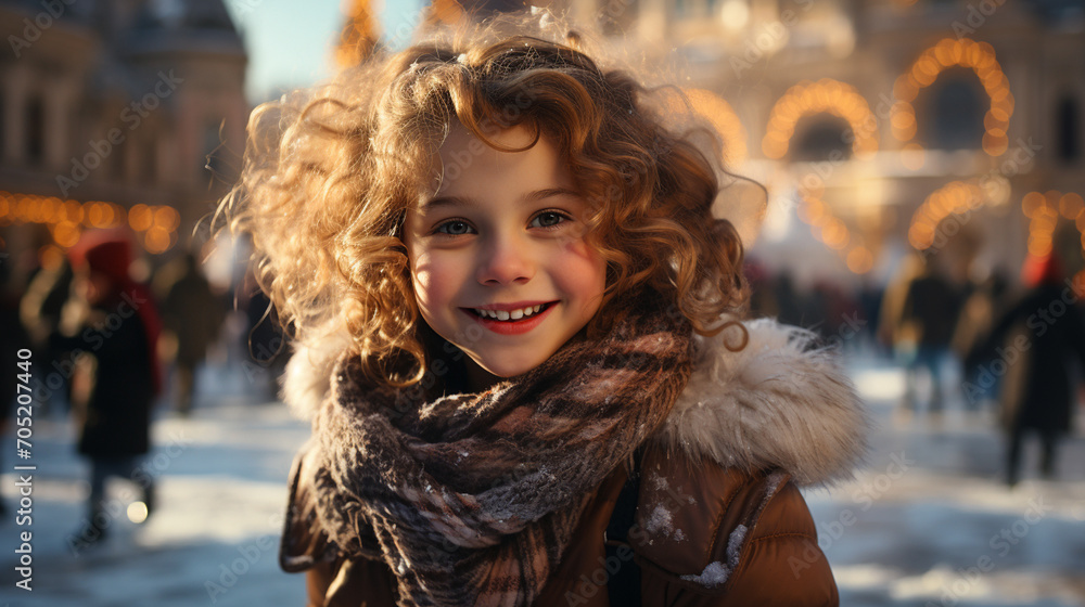Little cute funny girl in warm coat outside in winter Little cute funny girl in warm coat outside in winter