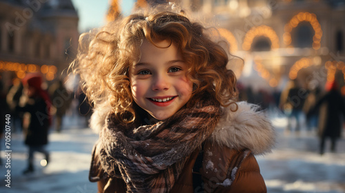 Little cute funny girl in warm coat outside in winter