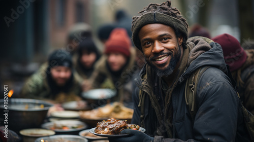 Poor homeless men eating together outside, charity photo
