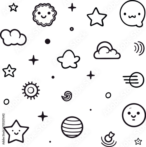 Vector Abstract Black and White collection sun, moon and stars with cheerful faces on a white background