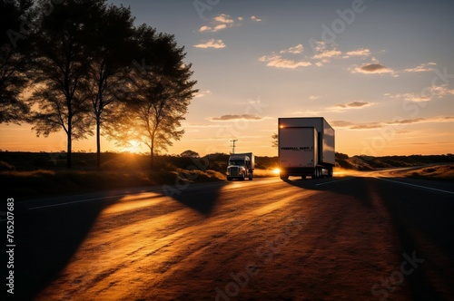 Truck driving on the road at sunset. Concept of logistics and transportation