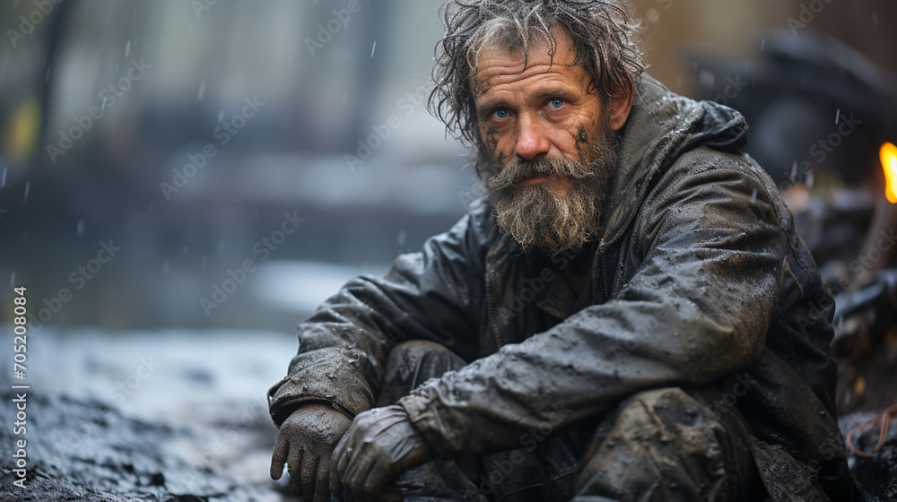 Portrait of an old poor homeless man outside in the cold Portrait of an old poor homeless man outside in the cold