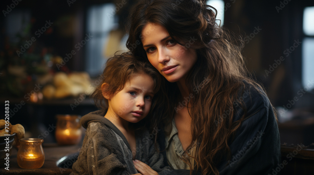 Cozy Haven: Beautiful Portrait of Mother and Daughter in Little Cabin Cozy Haven: Beautiful Portrait of Mother and Daughter in Little Cabin