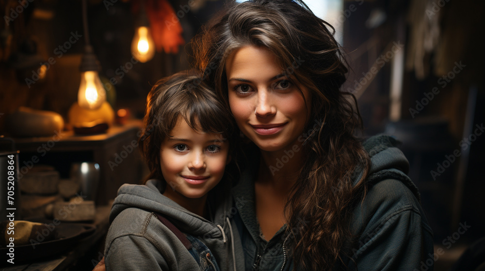 Cozy Haven: Beautiful Portrait of Mother and Daughter in Little Cabin Cozy Haven: Beautiful Portrait of Mother and Daughter in Little Cabin