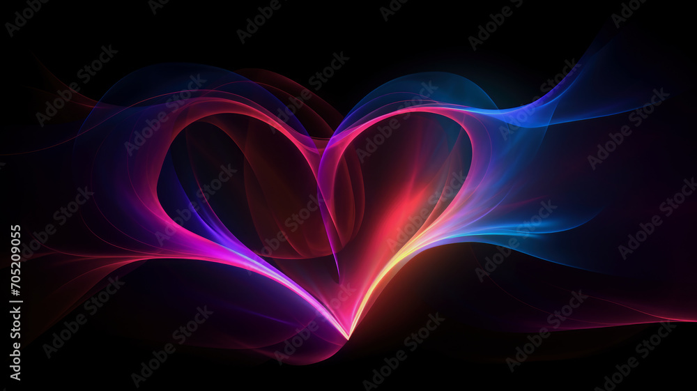Abstract drawing of a glowing purple-pink neon heart on a black background.  A festive illustration for Valentine's Day.