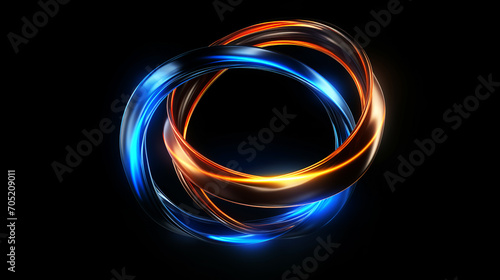 This image features intertwined glowing rings in blue and orange hues against a dark background, creating a dynamic and futuristic 3D abstract composition.Background concept.AI generated.
