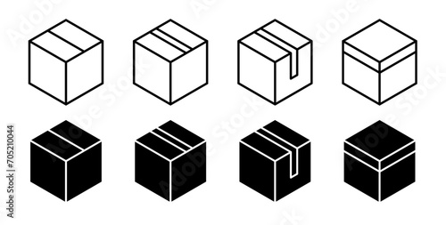 cardboard box delivery package vector icon set. product parcel shipping carton symbol. cargo box icon. photo