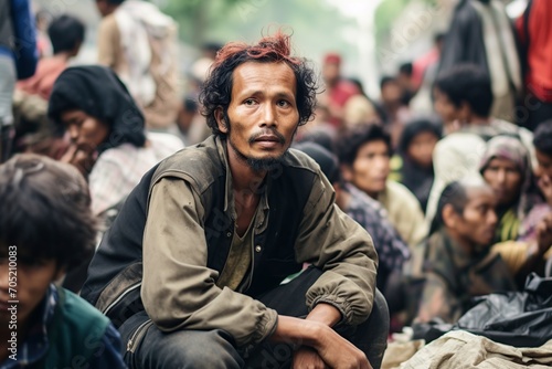 homeless man in Indonesia sits on the street